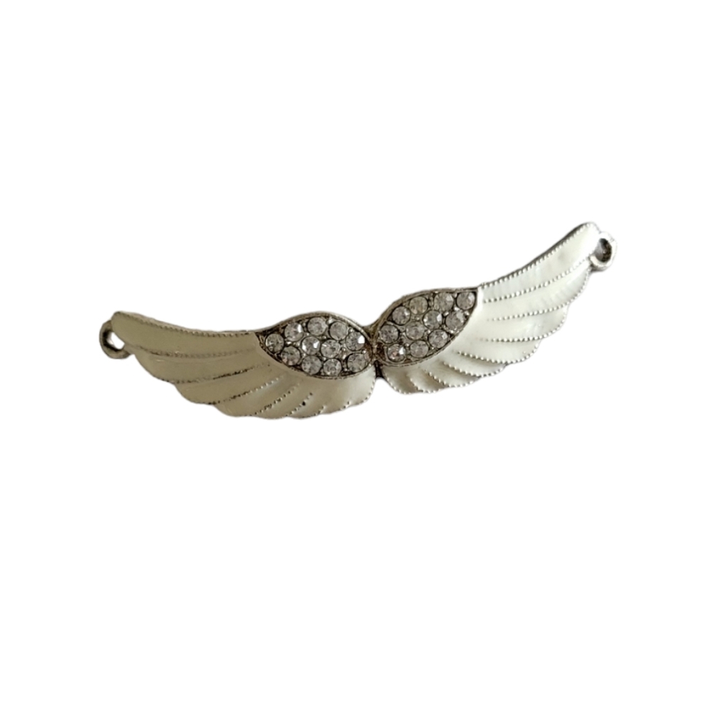 2pc Silver White Enamel Angel Wings Connector Charm with Rhinestones for Jewelry